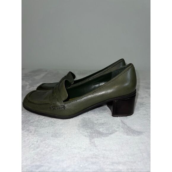 Vintage Green Leather Block Heel Chunky Loafers 7.5 - Picture 3 of 8